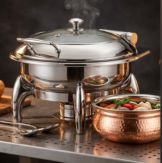Steel chafing dish with hammered copper serving bowl