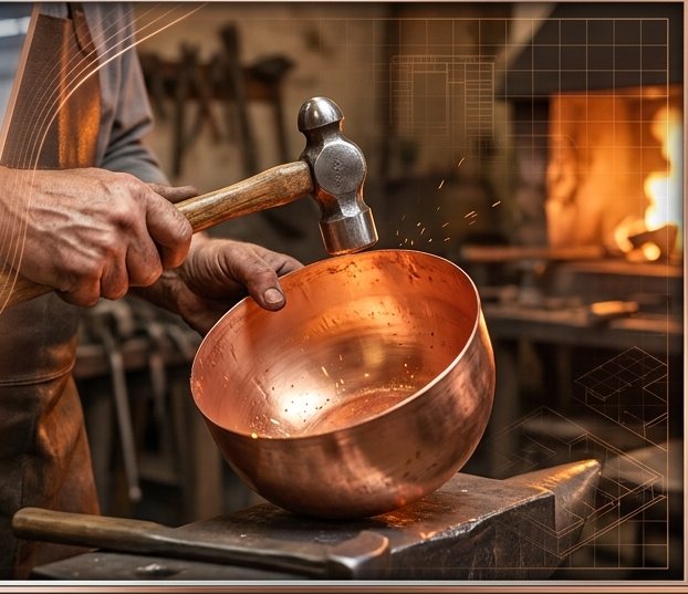 Craftsman raising a copper vessel at the forge